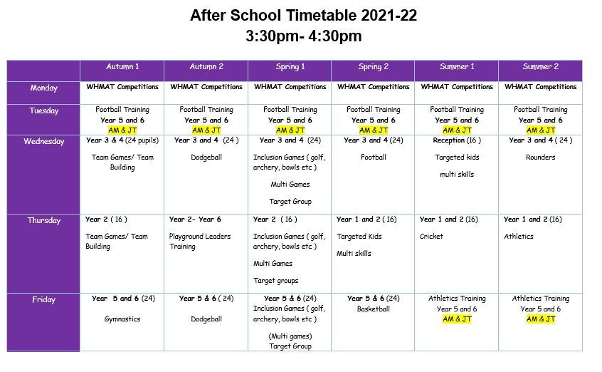 After school timetable